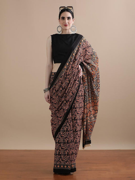Hand Block Brown Cotton Saree