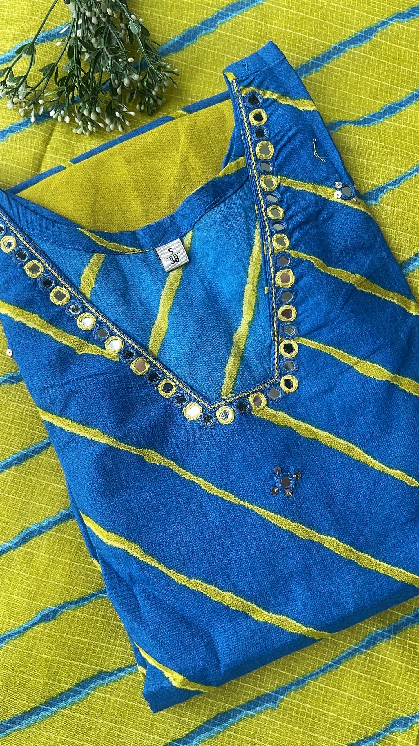 Women’s Blue Leheriya Print Cotton Kurta set with Dupatta (38 to 52)