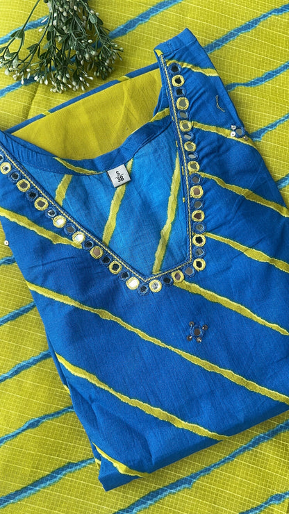 Women’s Blue Leheriya Print Cotton Kurta set with Dupatta (38 to 52)