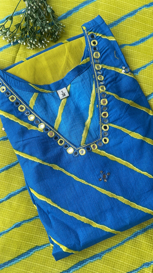 Women’s Blue Leheriya Print Cotton Kurta set with Dupatta (38 to 52)