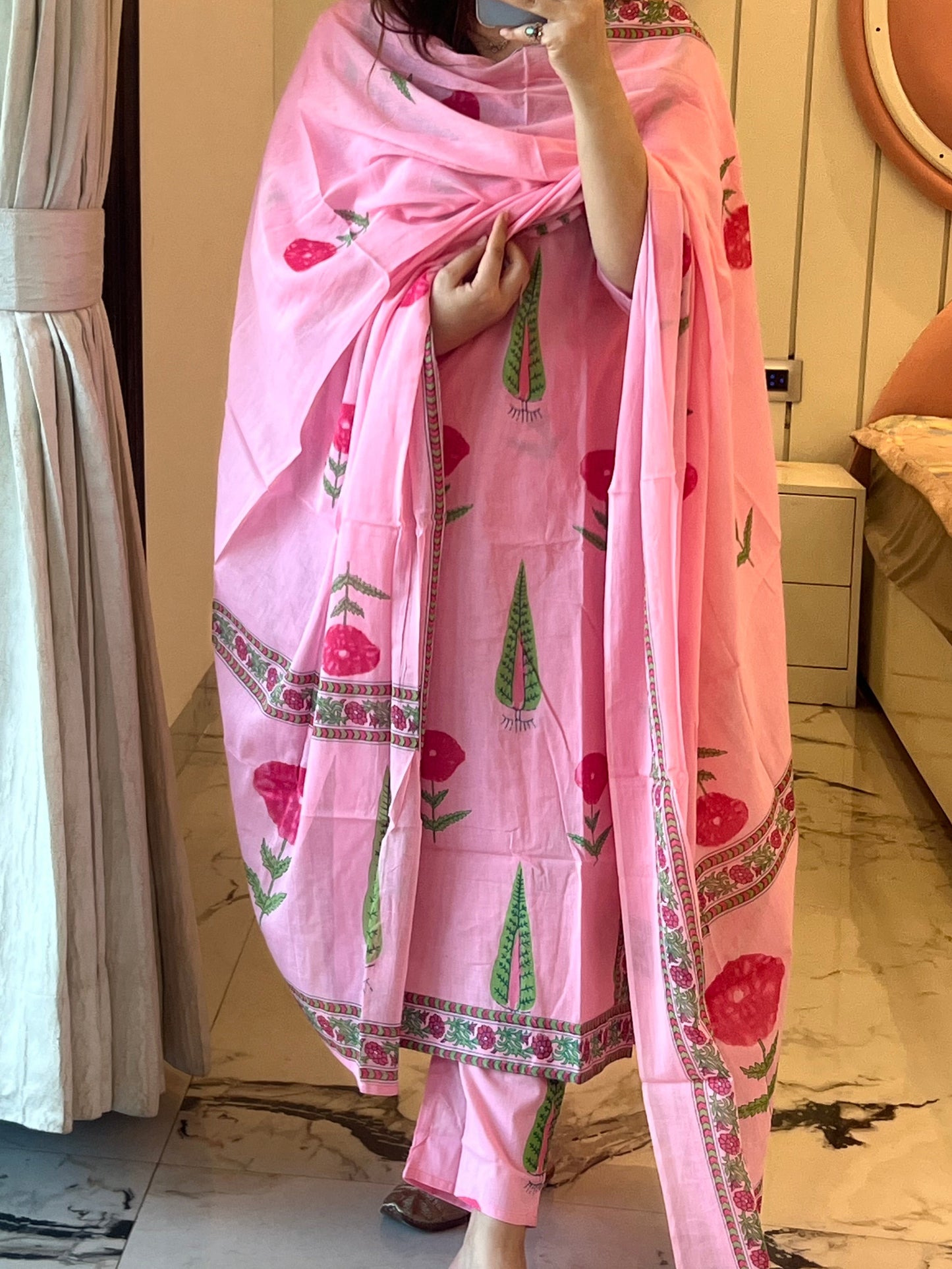 Women’s Light Pink Block Print Cotton Kurta Set with Dupatta (38 to 46)