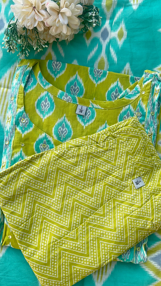 women Parrot Green Cotton Kurta Set -vgang