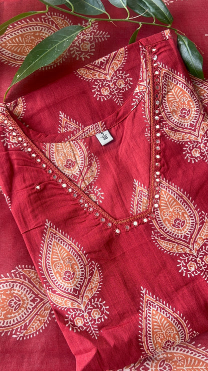 VGANG Maroon Kurta with Rust Orange Pant Cotton Kurta Set with Dupatta (38 to 52)