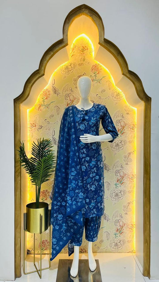 Indigo Straight kurta Afghani Pant and Dupatta