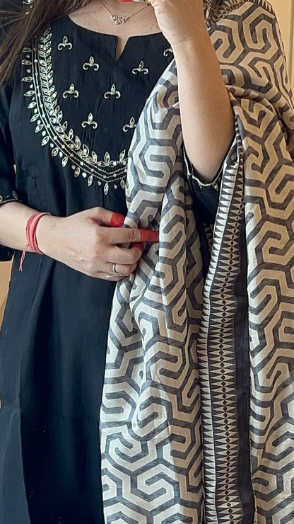 Premium Black Slub Silk Kurta set with Dupatta for women ( 38 to 52)| VGANG