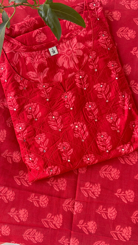 Floral Print Red Cotton Kurta Set with Dupatta (38 to 52)