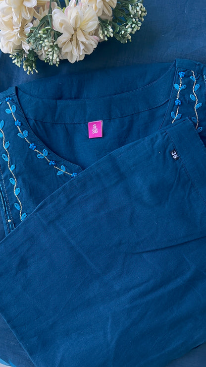 Women’s Blue Embroidered Cotton Kurta Set with Dupatta (38 to 46 ) | VGANG