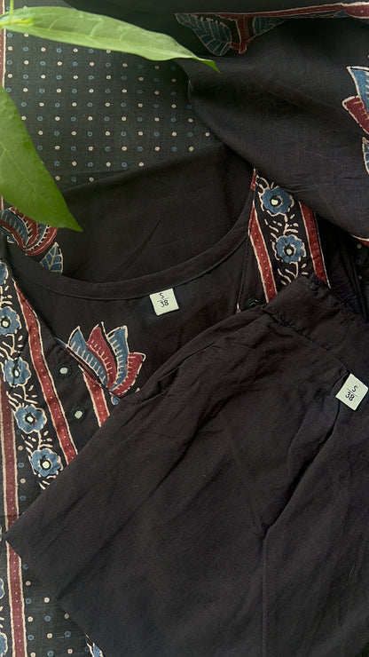 Women Black Lotus Print Cotton kurta Set with Dupatta (38 to 52)