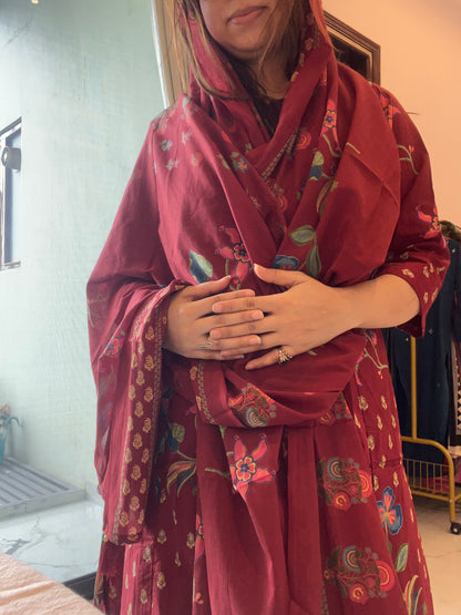 Women Maroon Aline Cotton kurta  Set with Dupatta (38 to 52)