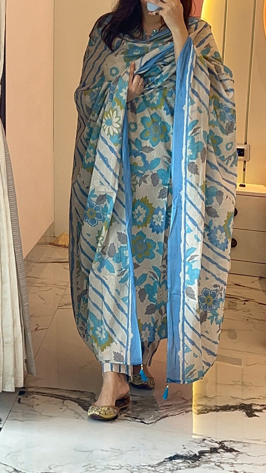 Pure Premium Sky blue A-Line cotton Kurta Set with Dupatta (38 to 50)