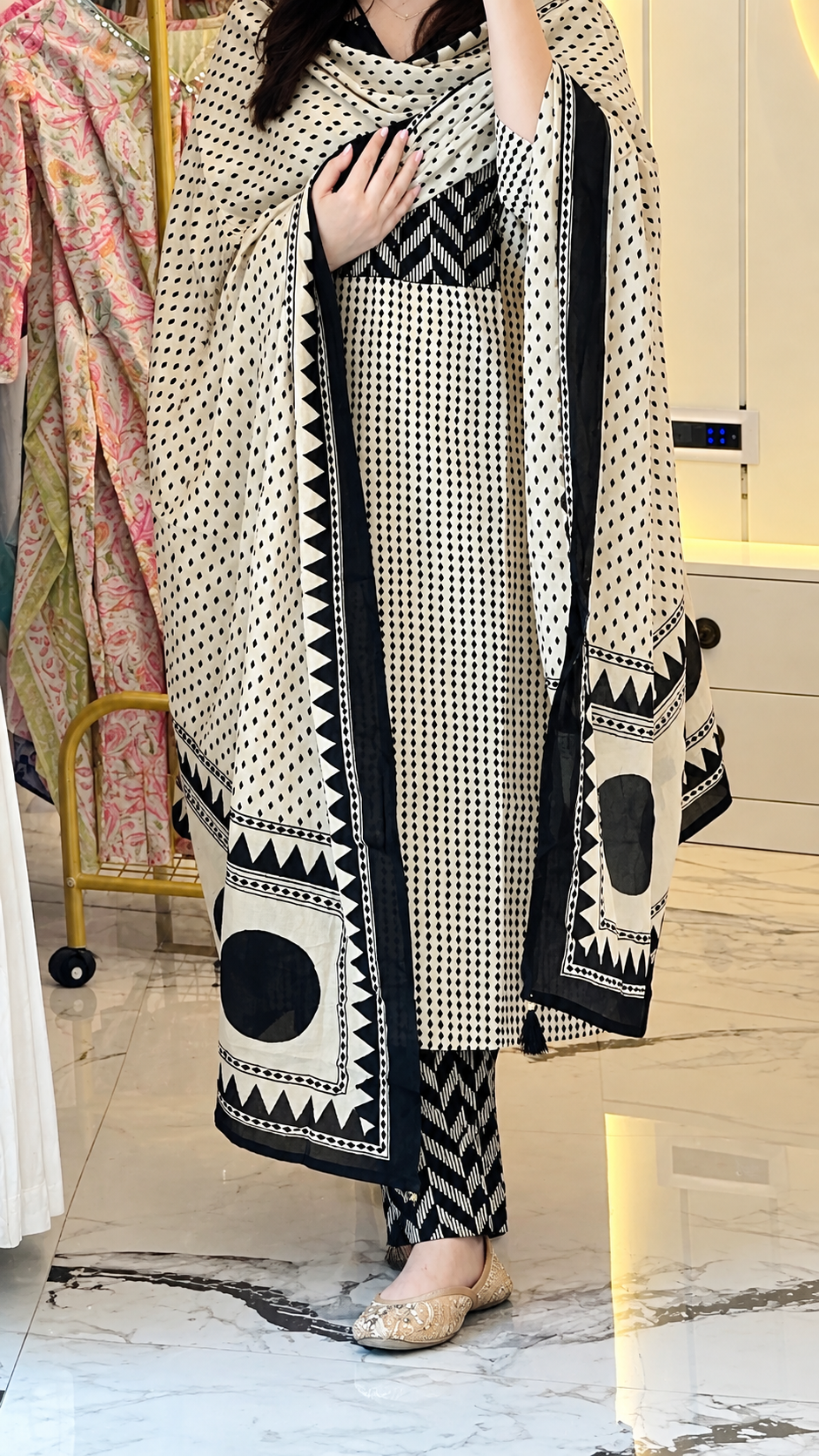 Diamond Print Cream Cotton kurta Set with Dupatta (38 to 52)