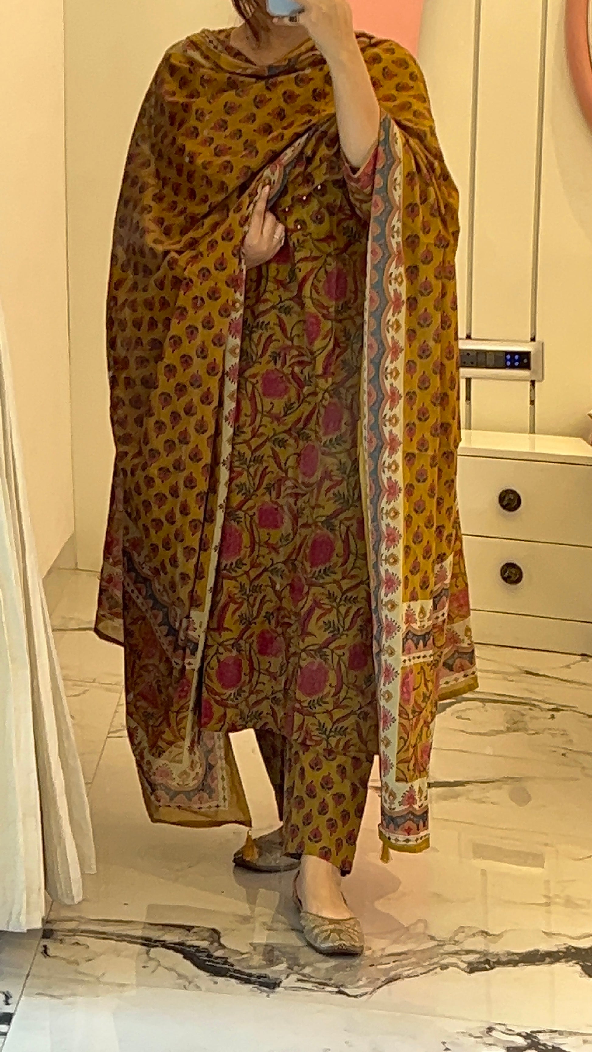 women's mustard cotton Block print kurta set with dupatta (38 to 52)