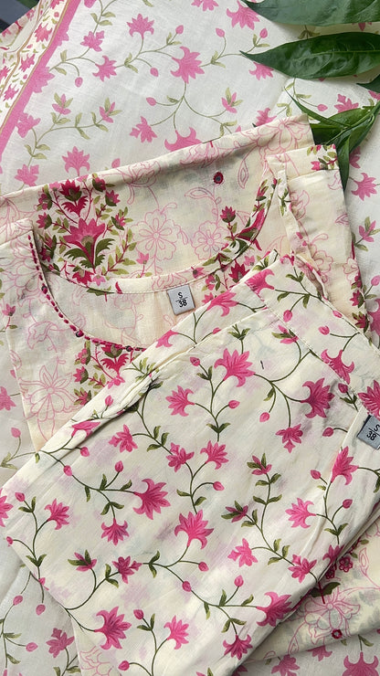Women Cream Butti Print Cotton kurta Set with Dupatta (38 to 52)