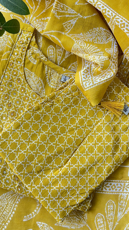 Pure Premium Yellow Cotton kurta set with Dupatta (38 to 52)