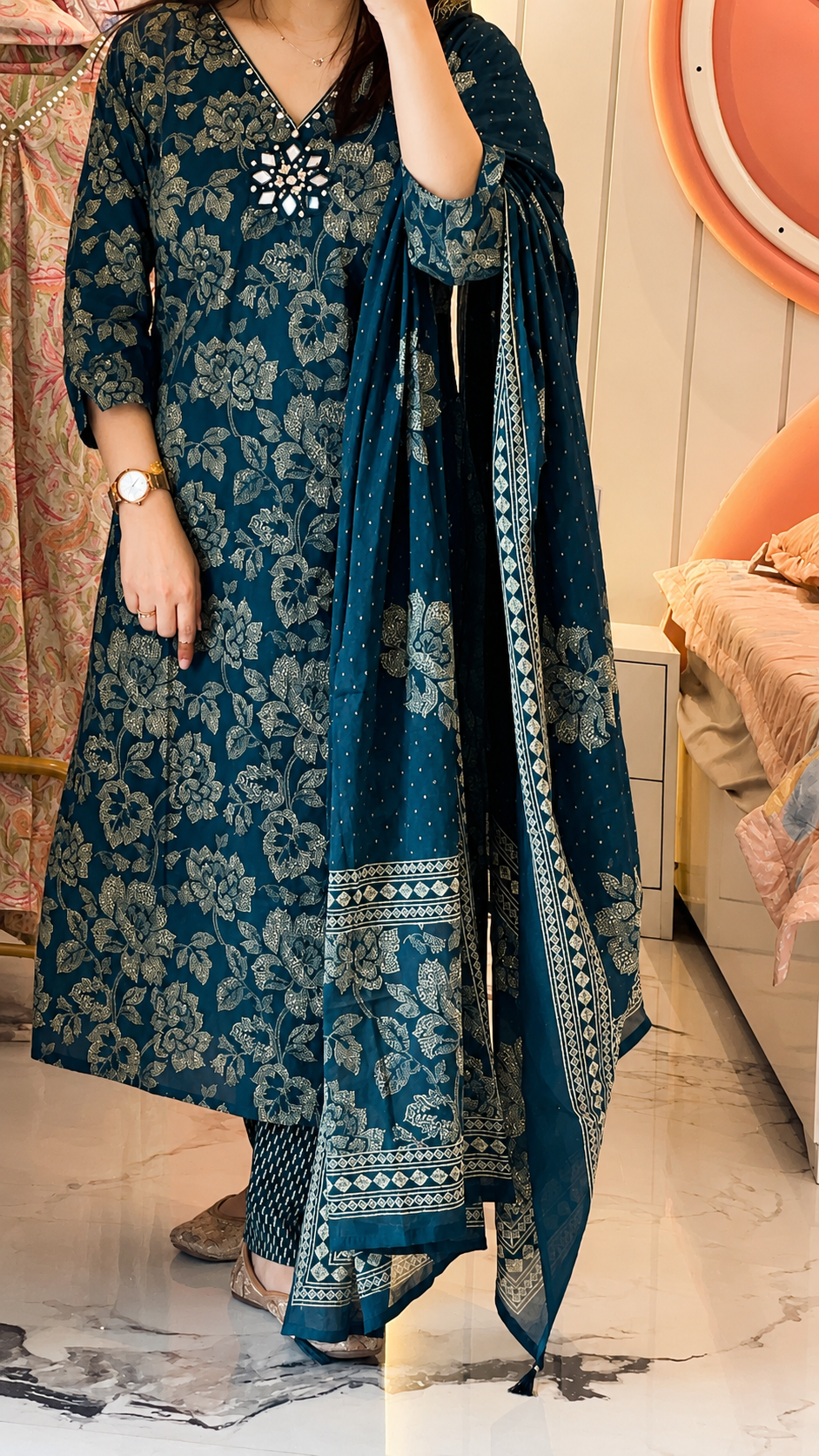 Women’s Teal blue Cotton Kurta set with Dupatta (38 to 52)