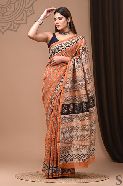 Hand Rust orange Block Black Chanderi silk saree Saree