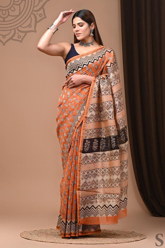 Hand Rust orange Block Black Chanderi silk saree Saree
