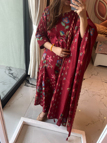 Women Maroon Aline Cotton kurta  Set with Dupatta (38 to 52)