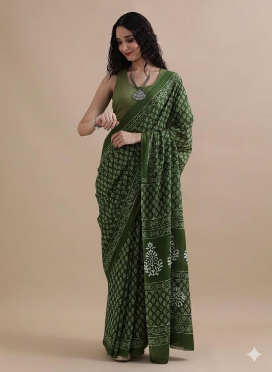 Hand Block Green Cotton Saree