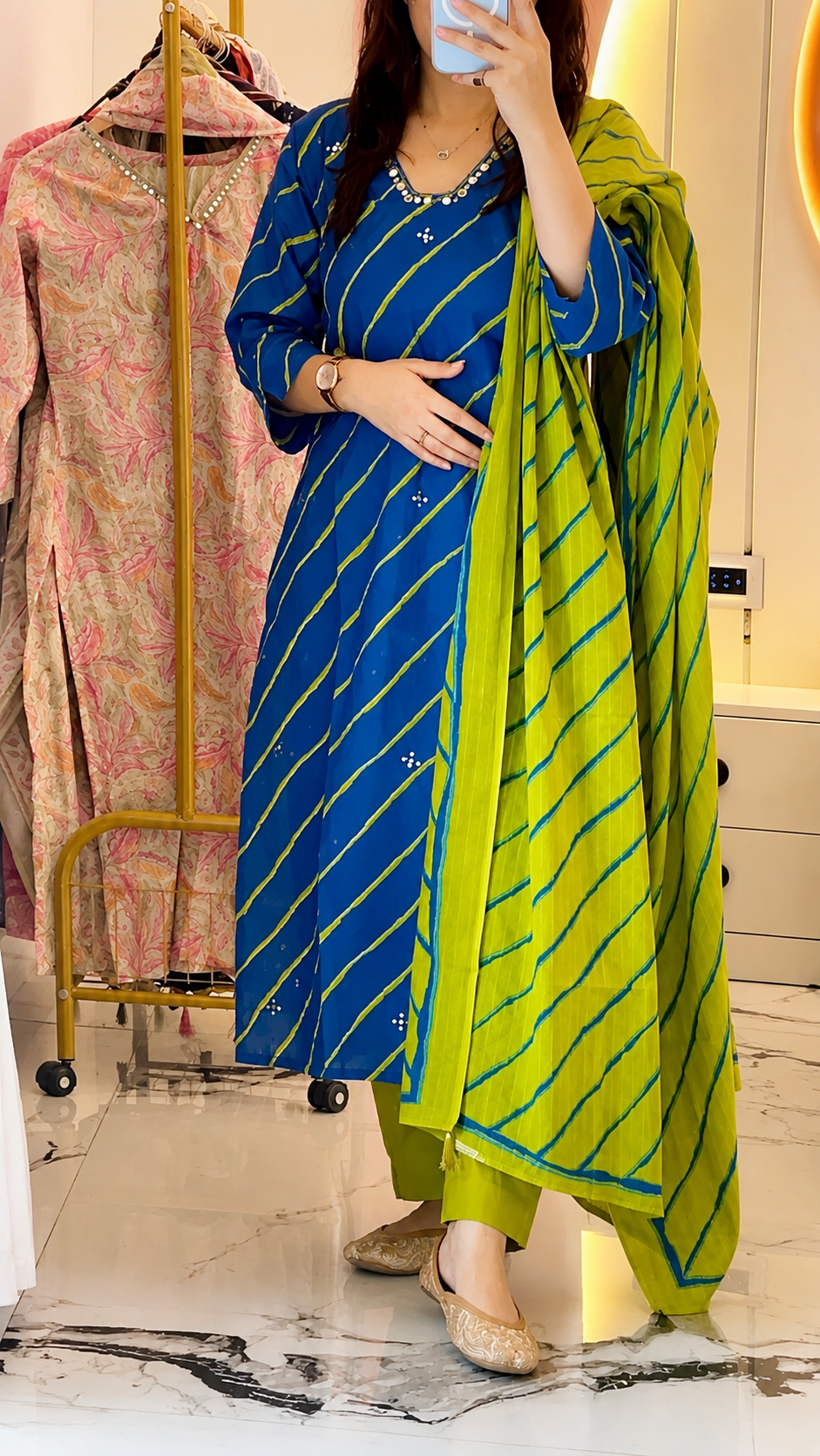 Women’s Blue Leheriya Print Cotton Kurta set with Dupatta (38 to 52)
