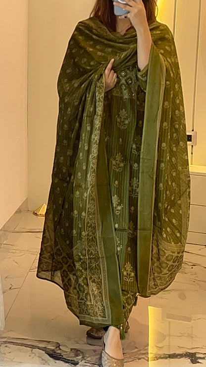Women’s Olive Green Block Print Cotton Kurta Set with Dupatta (38 to 52)