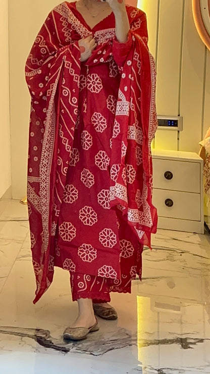 Women's Red Cotton kurta Set with Dupatta (38 to 46) | VGANG