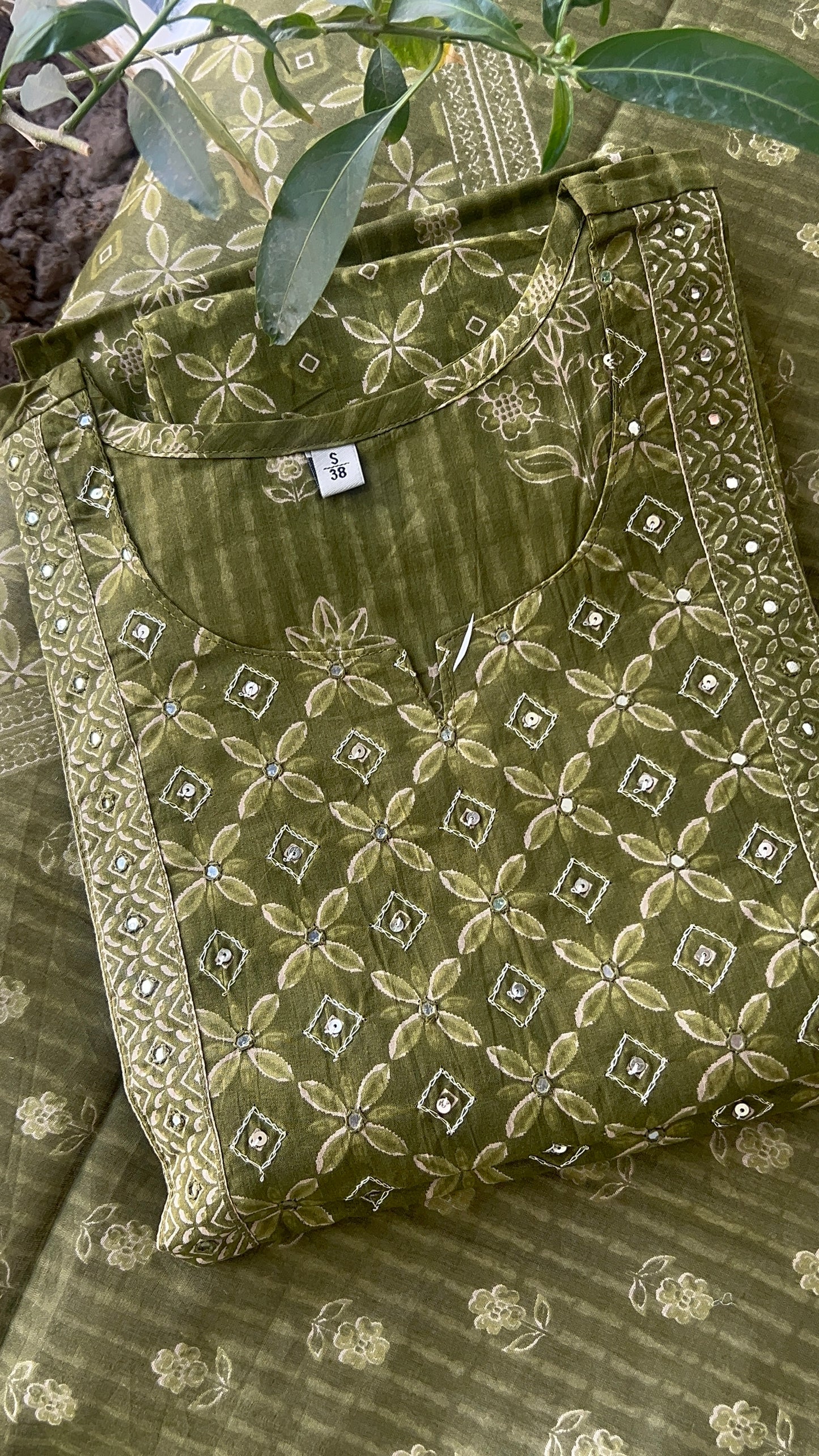 Women’s Olive Green Block Print Cotton Kurta Set with Dupatta (38 to 52)