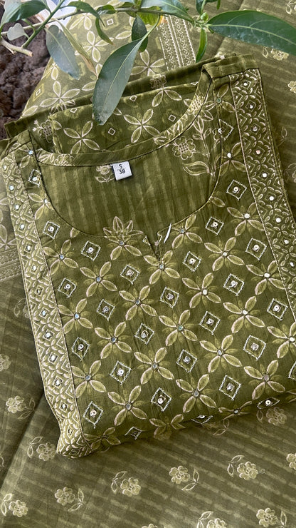 Women’s Olive Green Block Print Cotton Kurta Set with Dupatta (38 to 52)