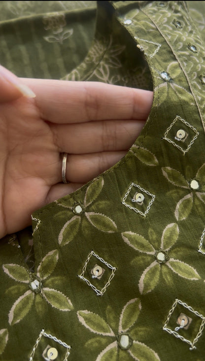 Women’s Olive Green Block Print Cotton Kurta Set with Dupatta (38 to 52)