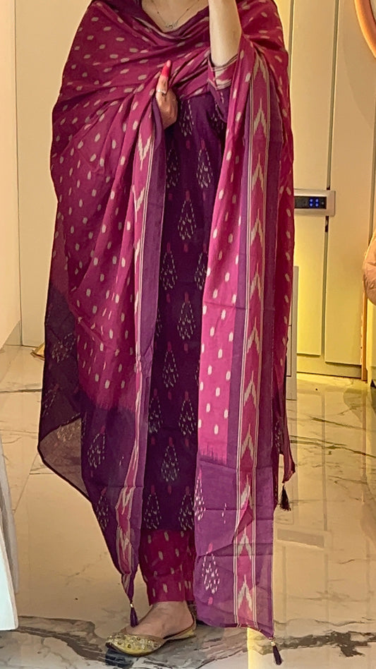 Pure Premium Wine Cotton Kurta Set with Dupatta (38 to 52)