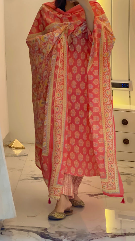 Pure Premium Peach Cotton kurta Set with Dupatta (38 to 52)