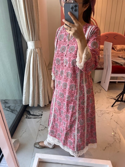 Pink A line Block Print kurta set