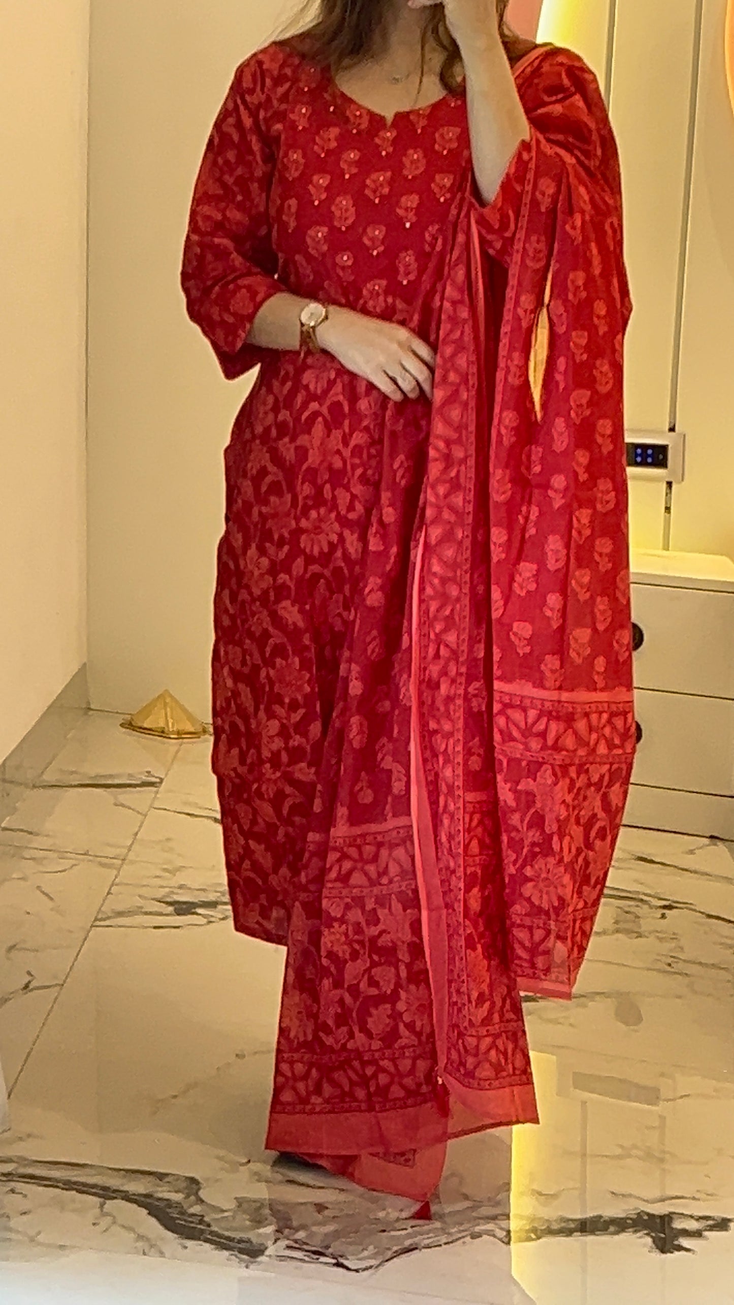 Floral Print Red Cotton Kurta Set with Dupatta (38 to 52)