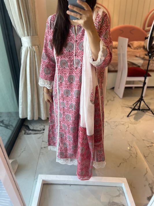 Pink A line Block Print kurta set