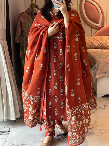Women’s Rust Cotton Butti Print Cotton Kurta Set with Dupatta (38 to 52)| VGANG