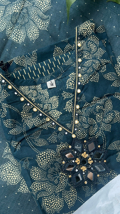 Women’s Teal blue Cotton Kurta set with Dupatta (38 to 52)