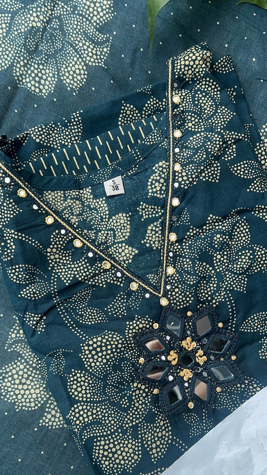 Women’s Teal blue Cotton Kurta set with Dupatta (38 to 52)