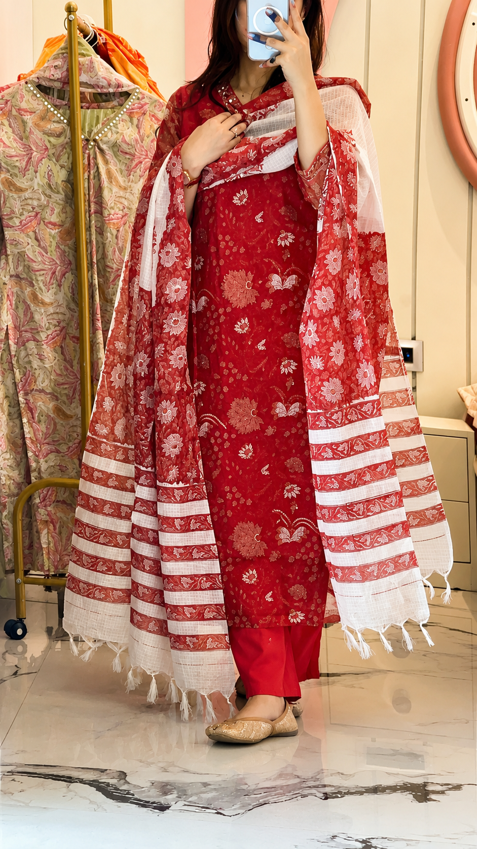 Women’s Red Kota Dori kurta with Cotton Pant and Dupatta (38 to 46)