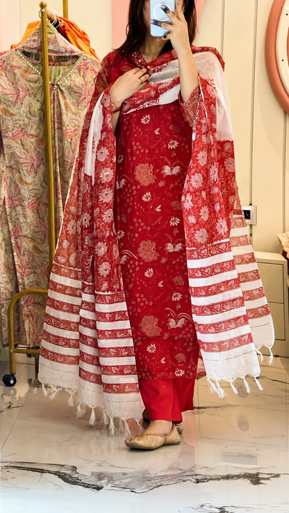 Women’s Red Kota Dori kurta with Cotton Pant and Dupatta (38 to 46)