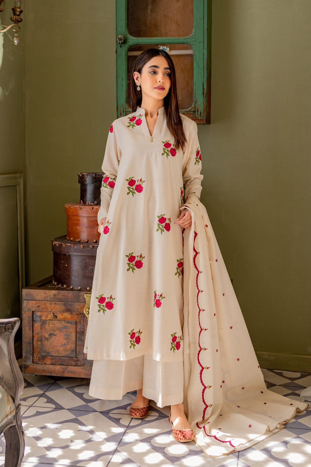 Off white kurta Plazoo set with duptta