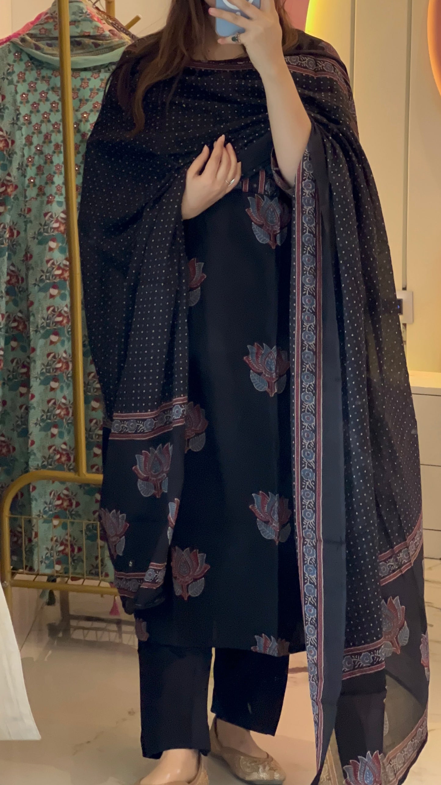 Women Black Lotus Print Cotton kurta Set with Dupatta (38 to 52)