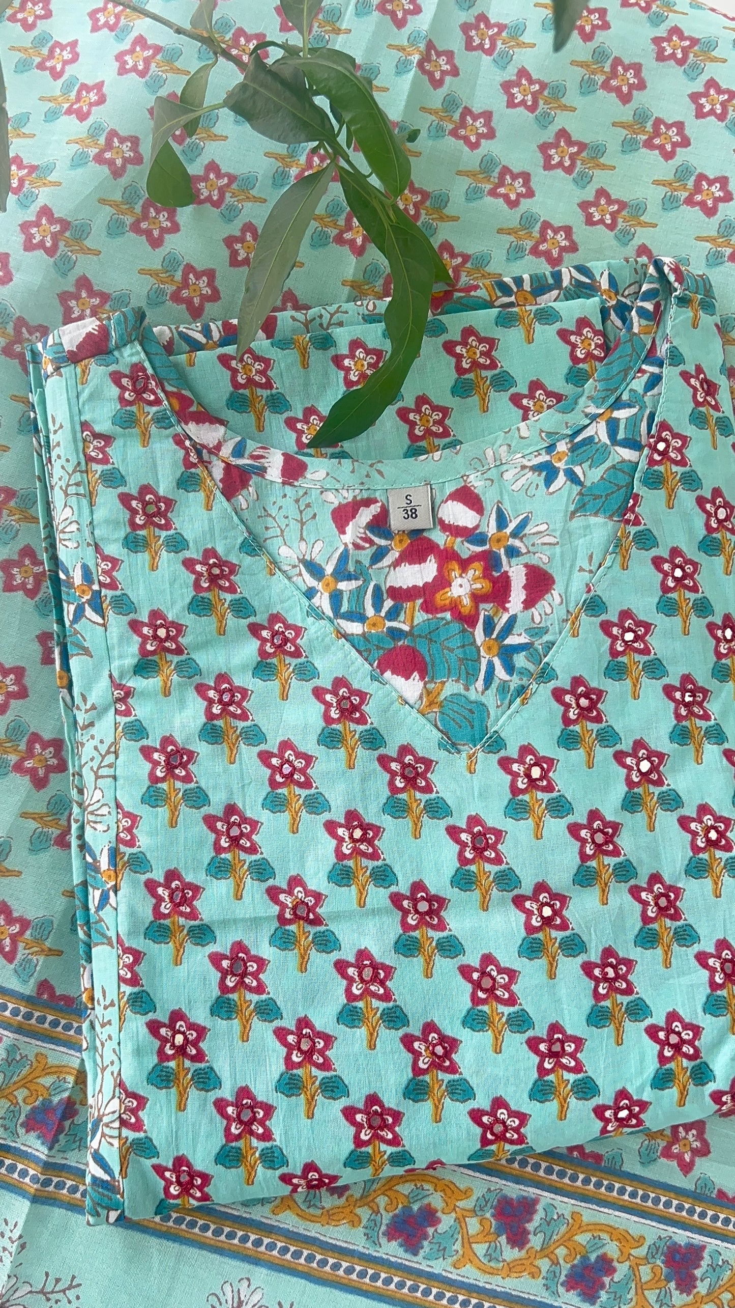 Women’s Floral Blue A Line Cotton Kurta Set with Dupatta (38 to 52)
