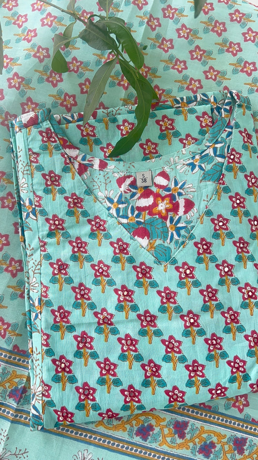 Women’s Floral Light Blue A Line Cotton Kurta Set with Dupatta (38 to 52)