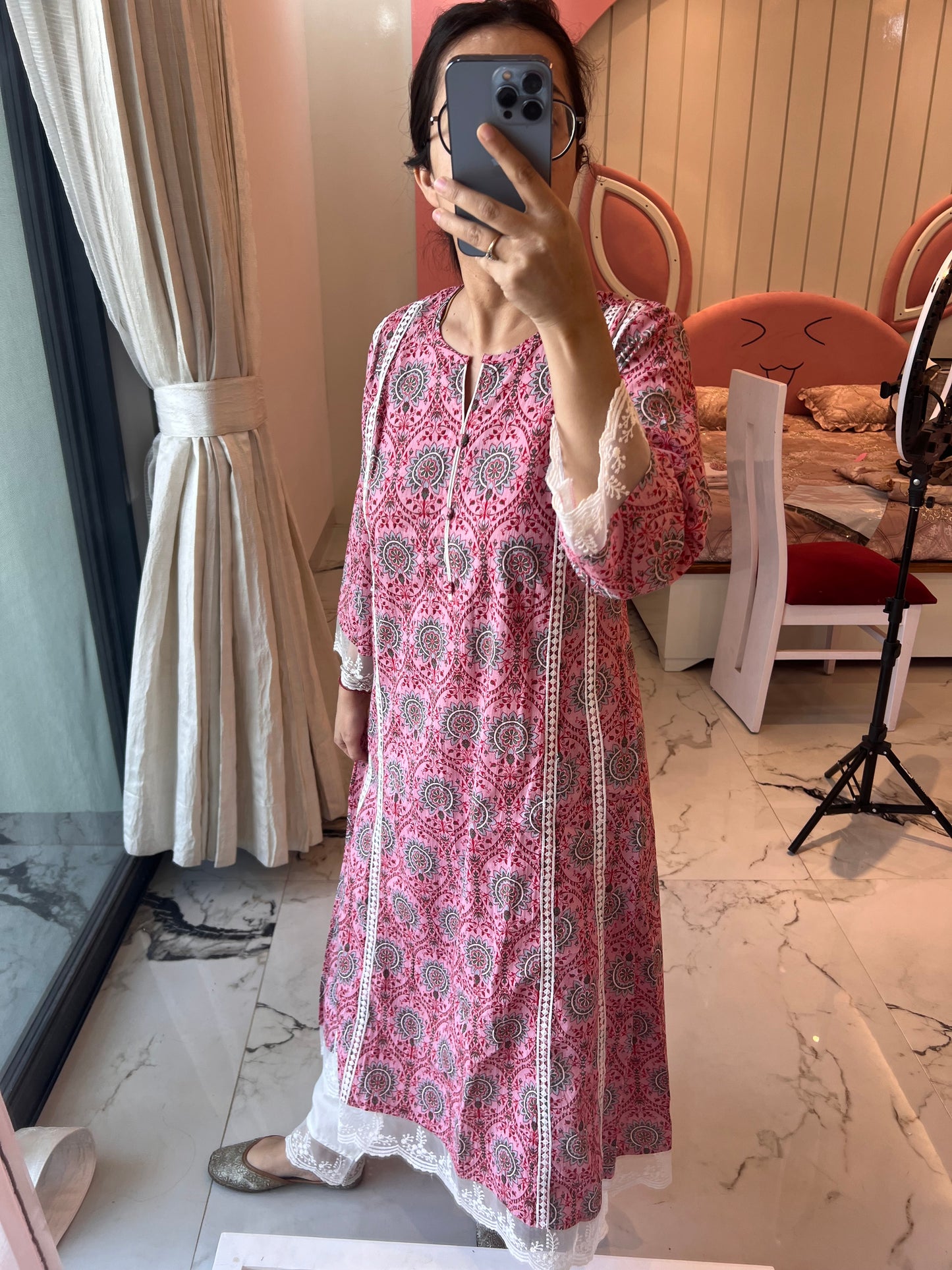 Pink A line Block Print kurta set