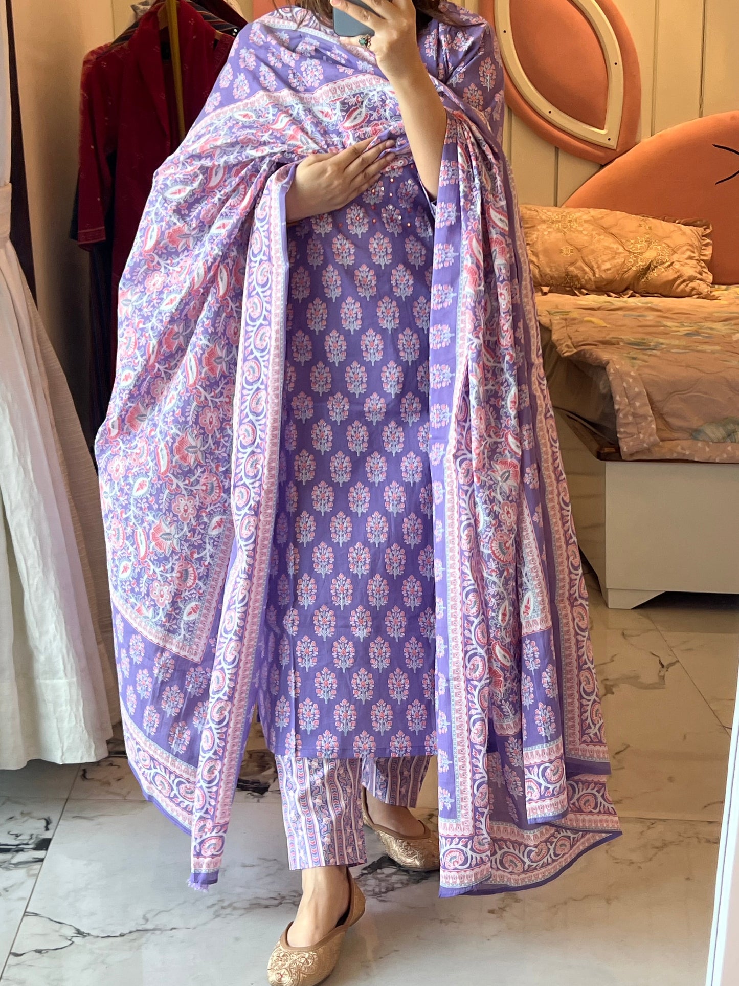 VGANG Lavender Cotton kurta Set with Dupatta (38 to 52)