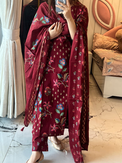 Women Maroon Aline Cotton kurta  Set with Dupatta (38 to 52)