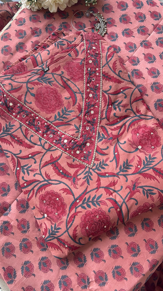 women's Onion Pink Cotton Kurta Set with Dupatta (38 to 46) | VGANG