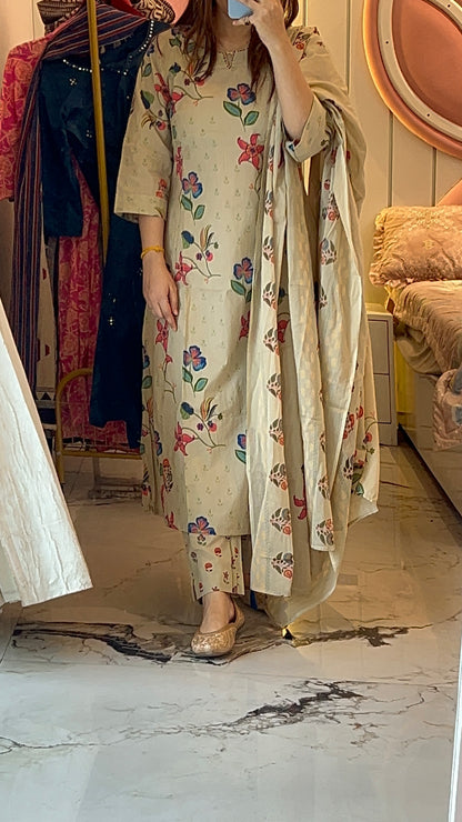 VGANG Beige Aline Cotton Kurta set with Dupatta (38 to 45)