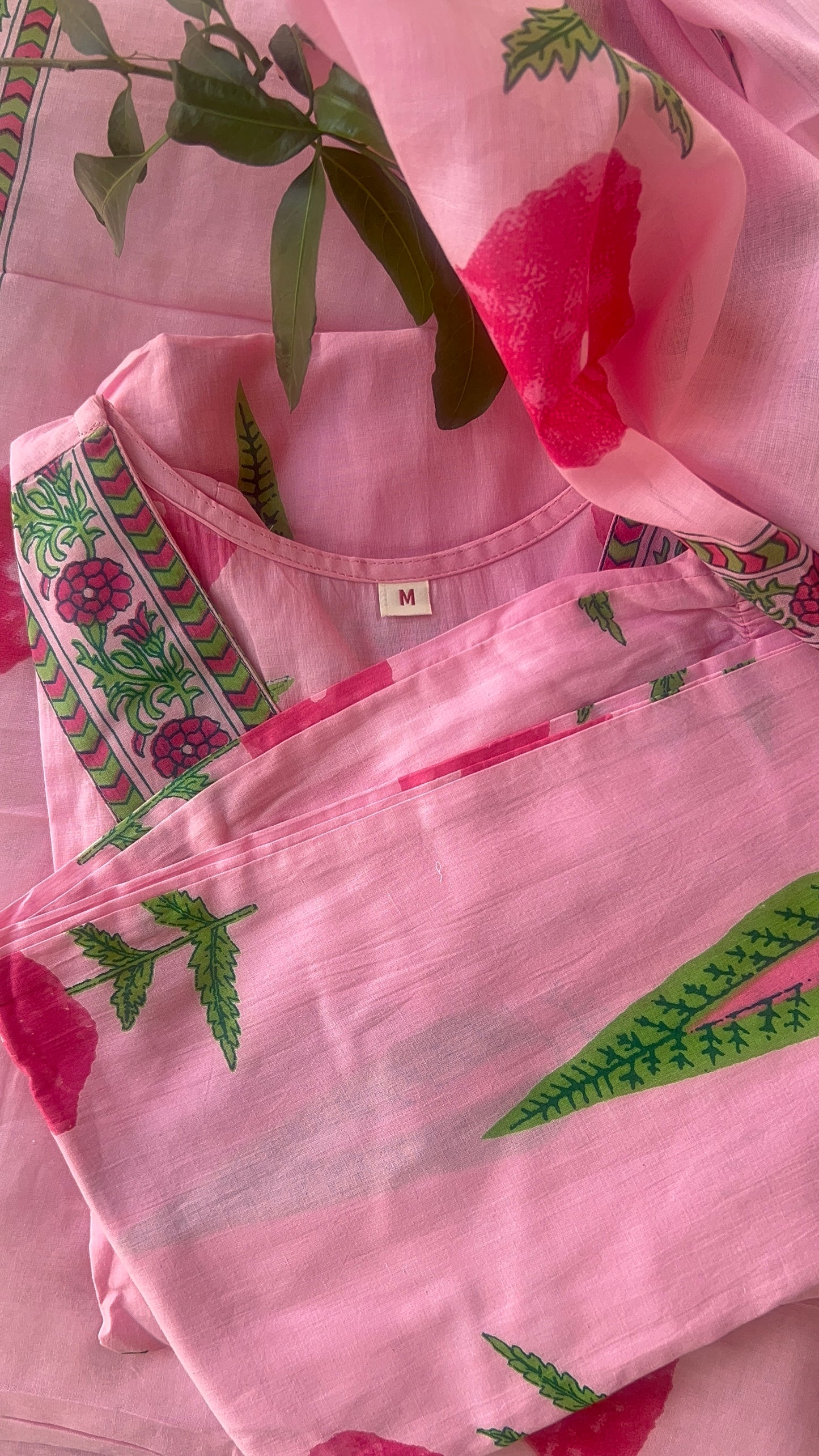 Women’s Light Pink Block Print Cotton Kurta Set with Dupatta (38 to 46)