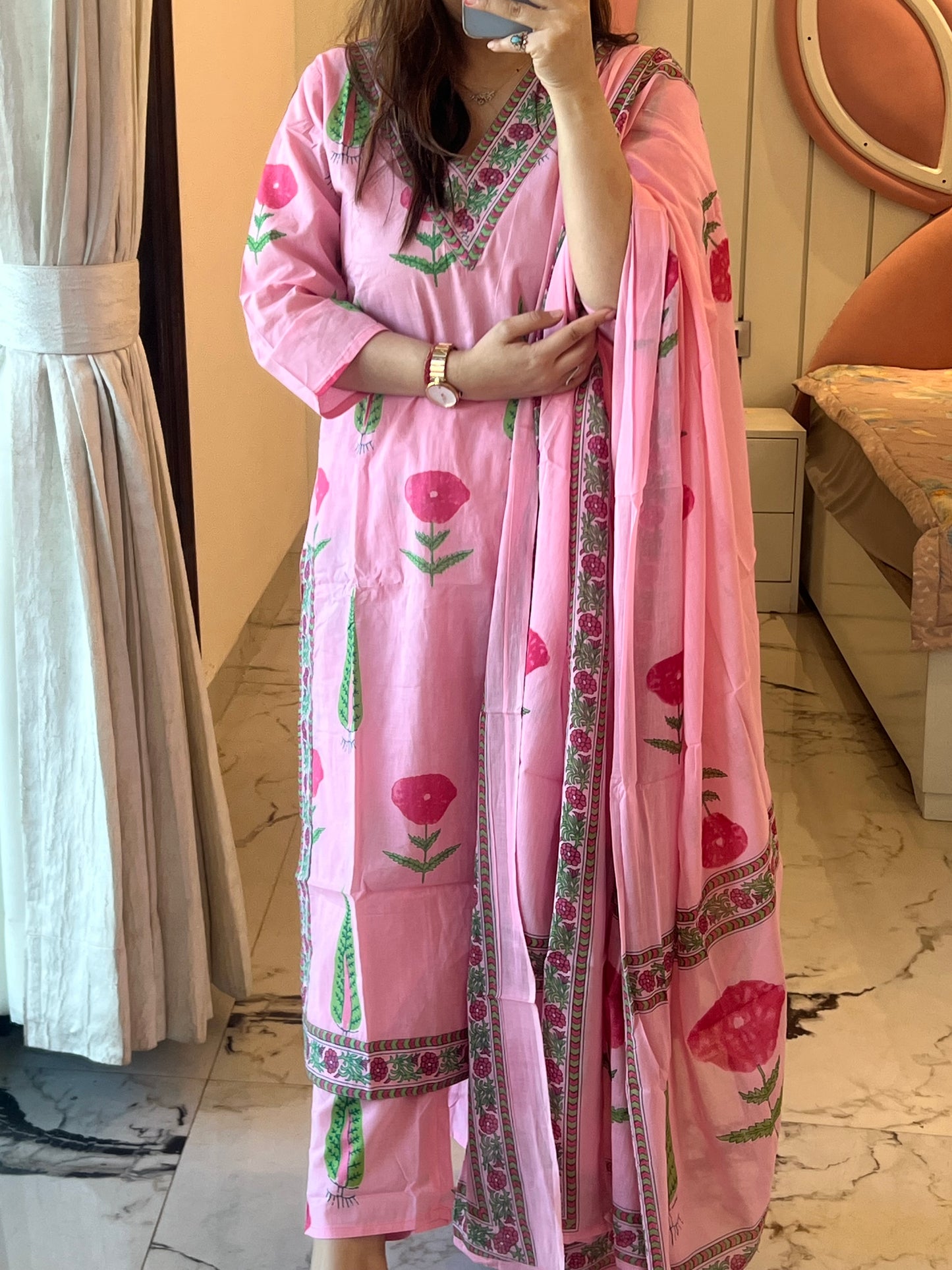 Women’s Light Pink Block Print Cotton Kurta Set with Dupatta (38 to 46)